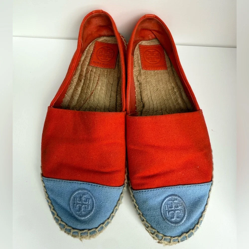 Tory Burch Colorblock Canvas Espadrilles Red Blue Flats Size 9 Logo Cap‎ Toe
